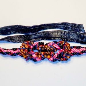 Designer Belt with Pink, Blue & Black Ribbon over Black Leather.